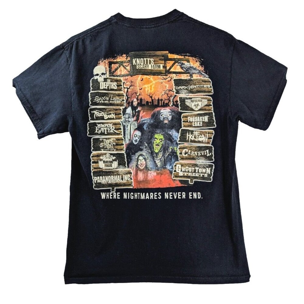 Knotts Scary Farm 2018 Size Medium ~ Double Sided T Shirt Black Halloween Rare